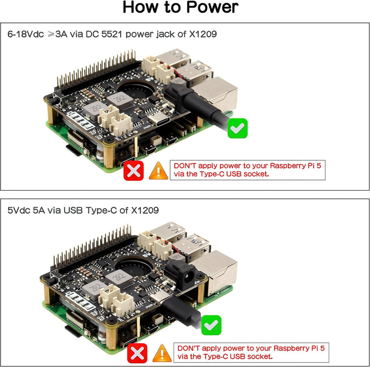 Geekworm X1209 UPS für Raspberry Pi 5/4B/3B+/3B | 5,1V 6A Ausgabe, 5-18V Breitbandeingang, Oben mont