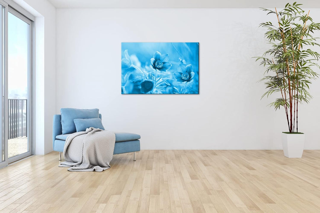 deyoli bezaubernde Blumen Format 80x60 Effekt: Monocrome Blau als Leinwandbild, Motiv fertig gerahmt