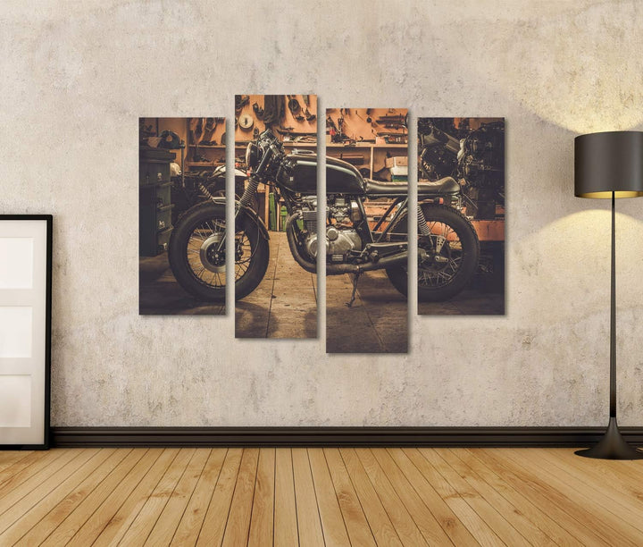 islandburner Bild auf Leinwand Cafe Racer Motorrad Im Vintage Stil In Einer Garage Bilder Wandbilder