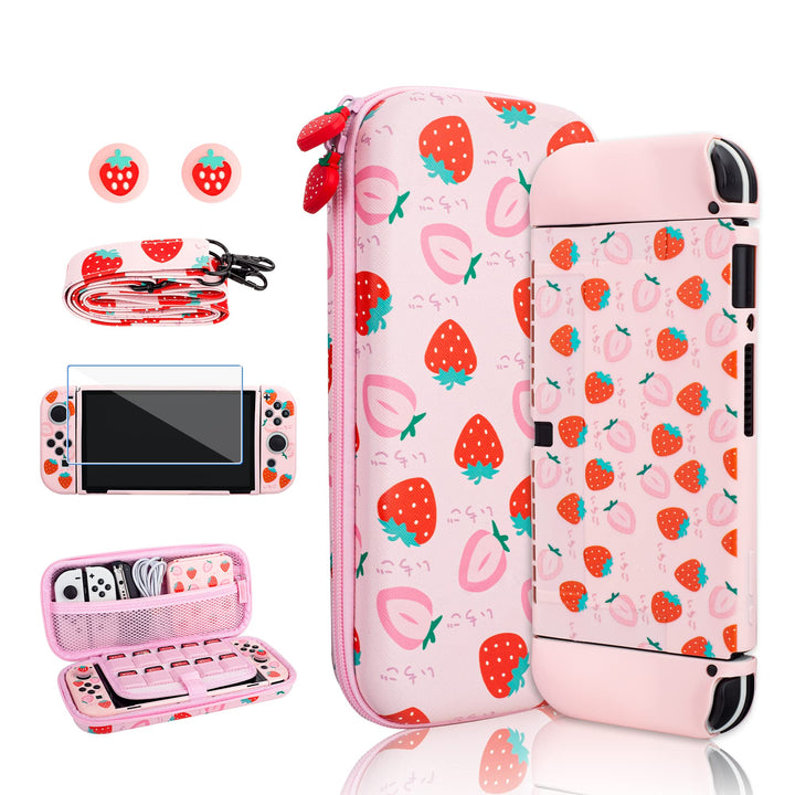 RHOTALL Strawberry Thema Tragetasche Set für Nintendo Switch OLED, süsses Zubehör Bundle für Switch