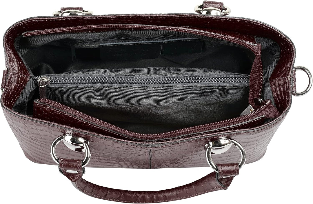 Umhängetasche Echt Leder Damen Made in Italy, Kroko-Optik Handtasche, Damen Schultertasche, elegante