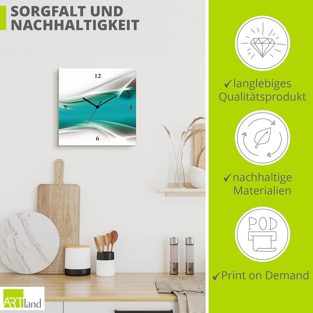 ARTLAND Wanduhr ohne Tickgeräusche Leinwand Quarzuhr 30x30 cm Quadratisch Lautlos Design Abstrakt Ku
