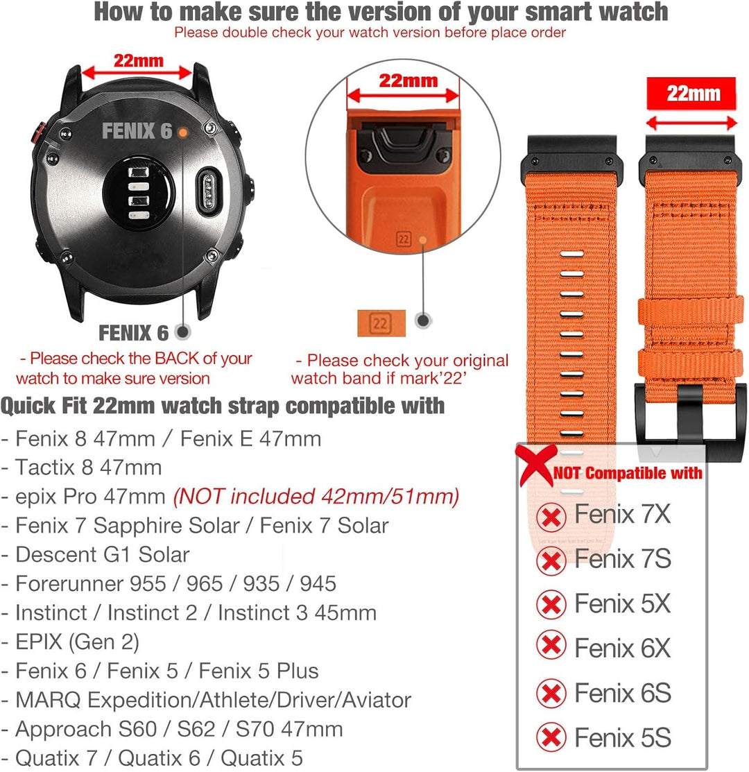 YOOSIDE Nylon Armband für Garmin Fenix 8 47mm / epix Pro 47mm / Fenix 7/6/5, Verbessert Quick Fit 22