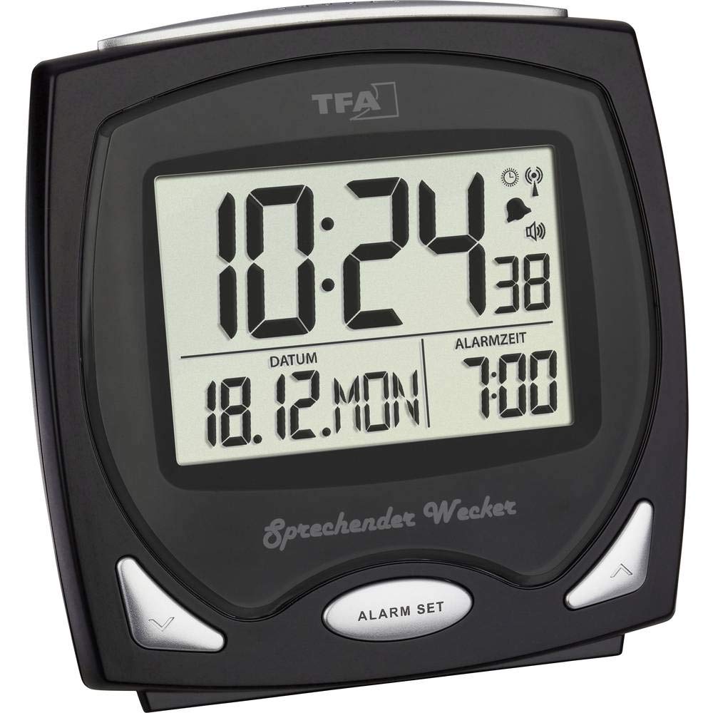 TFA Dostmann Sprechender Funk-Wecker, ideal für Sehbehinderte, 60.2541.01, 12 x 6 x 12 cm, schwarz,