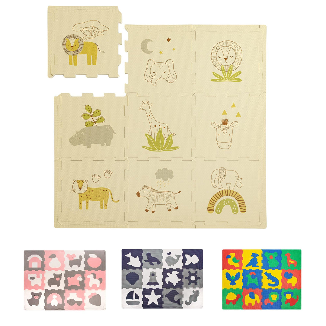 Hakuna Matte Stylische Puzzlematte Baby 0,9x0,9 m Safari Tiere – 9 Platten à 30x30cm – 20% dickere &