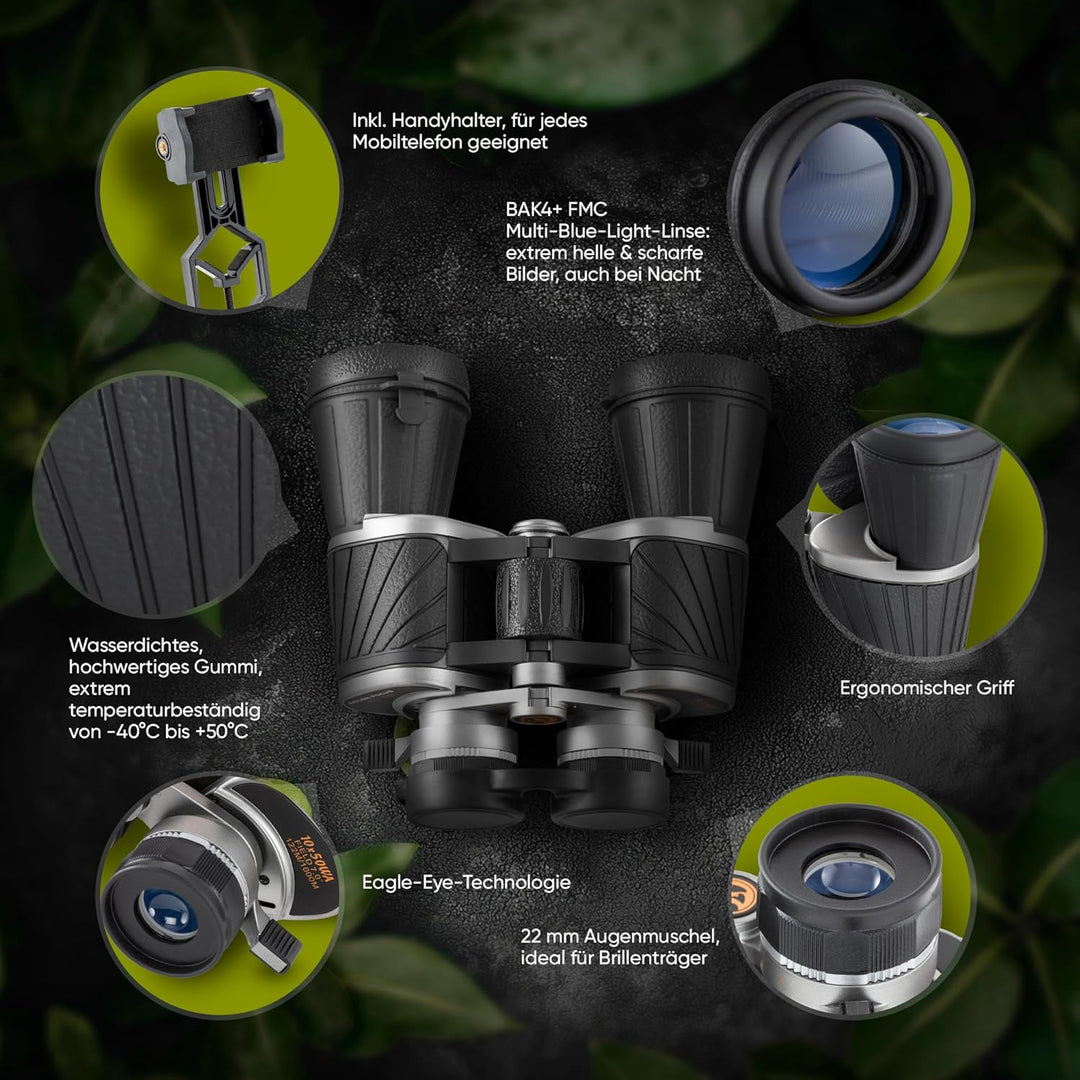 Adler Focus Fernglas 10x50, Testsieger für Erwachsene, Eagle-Eye-Technologie, 22mm HD Augenmuschel,