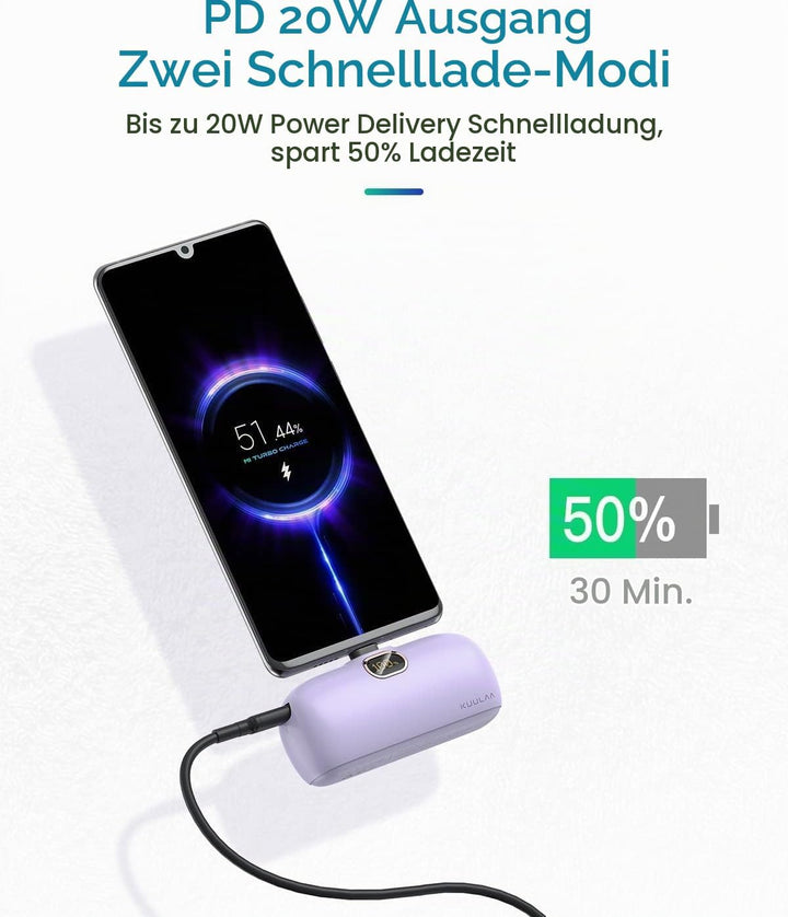 Kuulaa Mini Powerbank 5000mAh, Klein Power Bank USB C 20W PD Externer Akku, Compact LED Digitalanzei