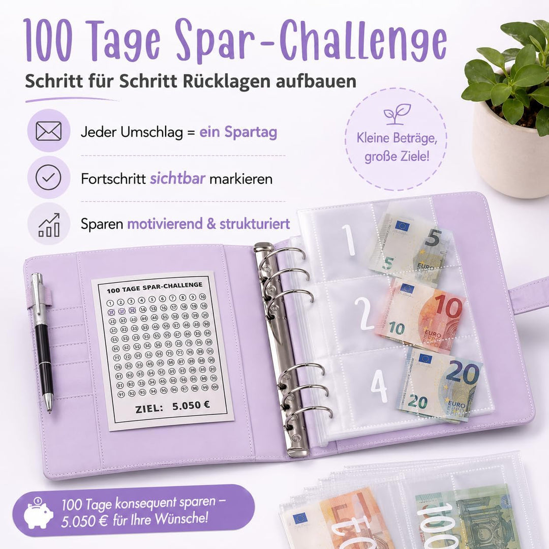 Challenge-Ordner mit 100 Umschlägen, A5-Umschlag, Spar-Challenge, Budget-Ordner, mit 25 Geldspar-Tra
