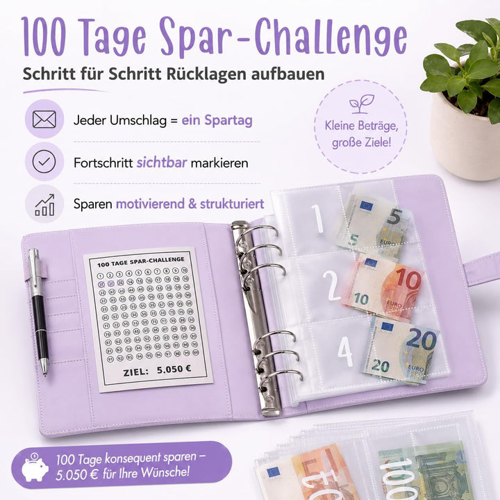 Challenge-Ordner mit 100 Umschlägen, A5-Umschlag, Spar-Challenge, Budget-Ordner, mit 25 Geldspar-Tra