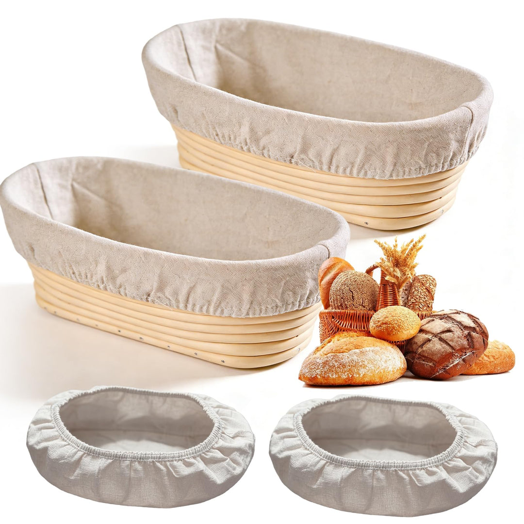 BAIFULAI Gärkörbchen oval 2er-Set, Ø25cm Brotgärkörbe mit Leineneinsatz, Gärkörbchen Set, Gärkorb Ov