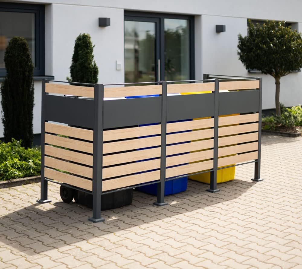 WESTMANN 3er Mülltonnenverkleidung Planum | Metall 240x80x120 cm Grau/Braun | Mülltonnen Sichtschutz