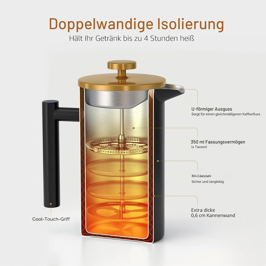 Enfmay French Press Kaffeebereiter 350ml, French Press Klein, Kaffeekanne mit Filter, Doppelwandige