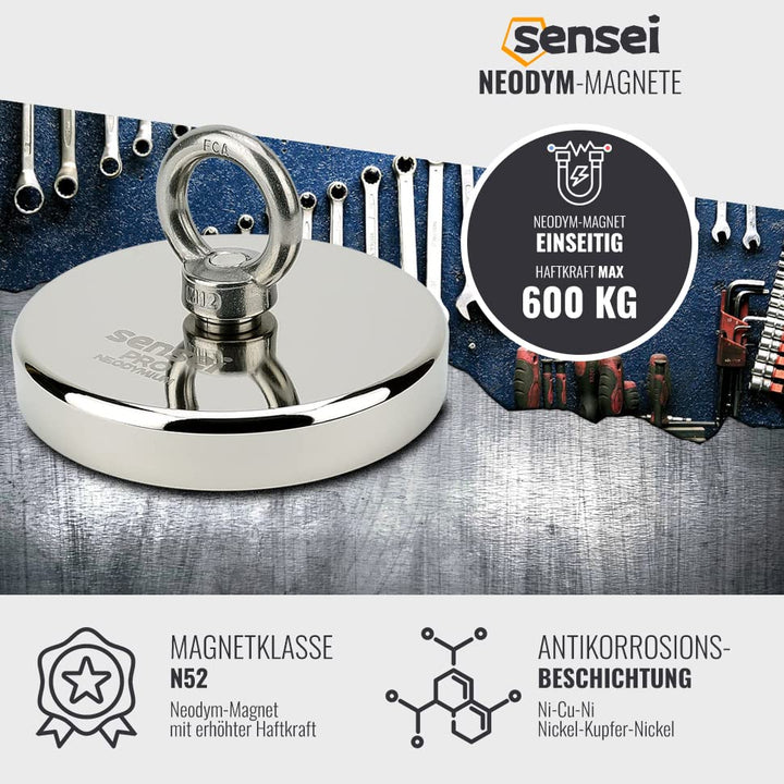 SENSEI Magnet 600 kg, Neodym-Magnet N52 mit Öse oben, Ø12 x H2 cm, sehr starker Neodym-Ösenmagnet fü