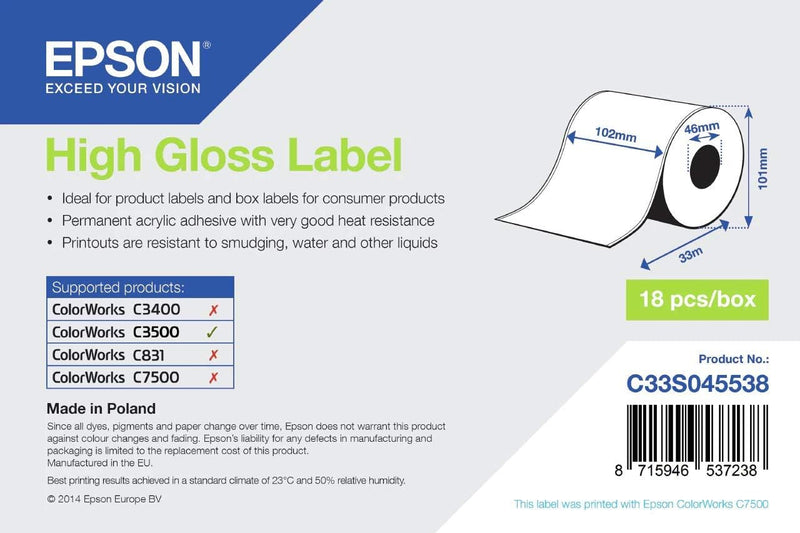 Epson High Gloss Label - Continuous, 102 mm x 33 m