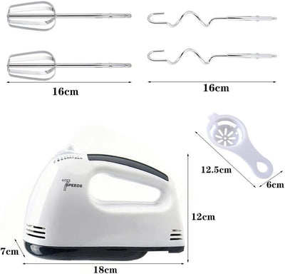 Handmixer - Handrührgerät 7 Geschwindigkeiten, Handrührer 300 W, Schneebesen & Knethaken aus Edelsta