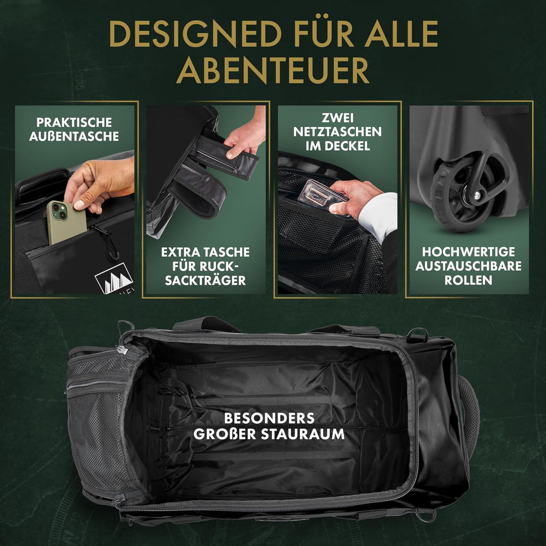 BEN NEVIS Reisetasche mit Rollen – 3in1 Tasche, Trolley + Rucksack [Gross 80L - 3,4kg] Travel Bag Re
