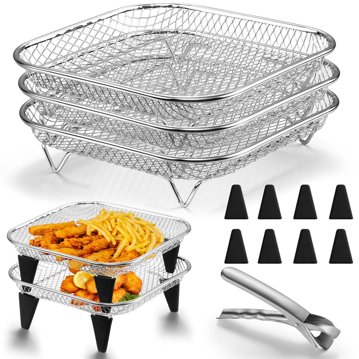 Onader Heissluftfritteuse Zubehör, 3-tlg Edelstahl Eckig Frittierkorb Grillrost für Airfryer, Airfry