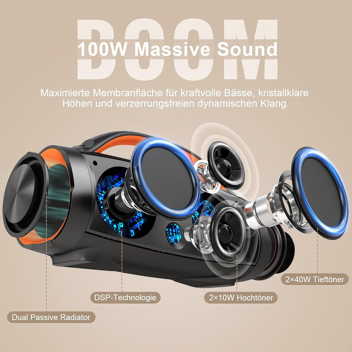DOSS Extreme Boom+ Bluetooth Lautsprecher Draussen mit Wasserdichter IP67, 100W Stereo Sound, 10400m