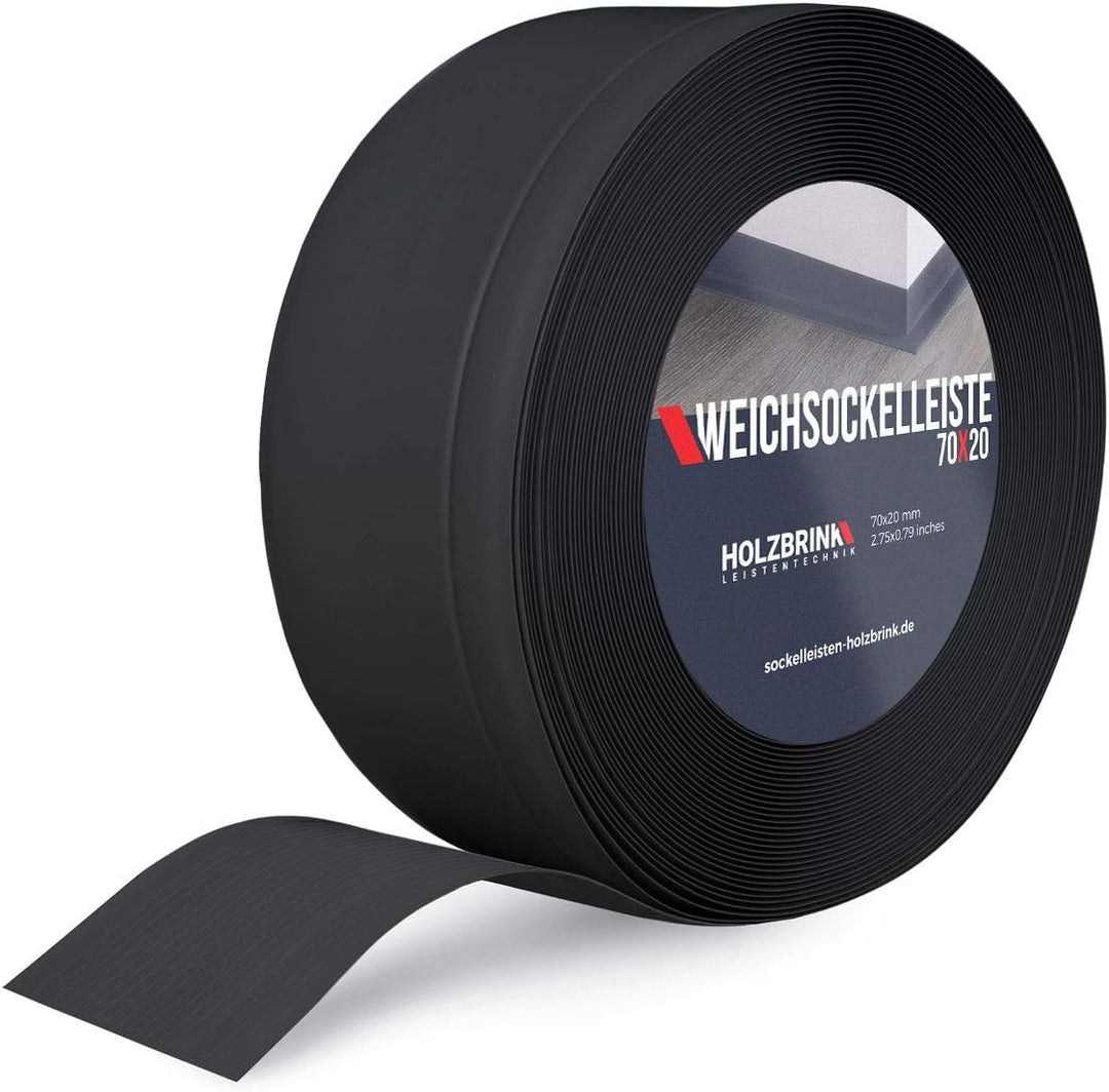 HOLZBRINK Weichsockelleiste Schwarz Knickleiste ohne Klebestreifen, Material: PVC, 70x20mm, 25 Meter