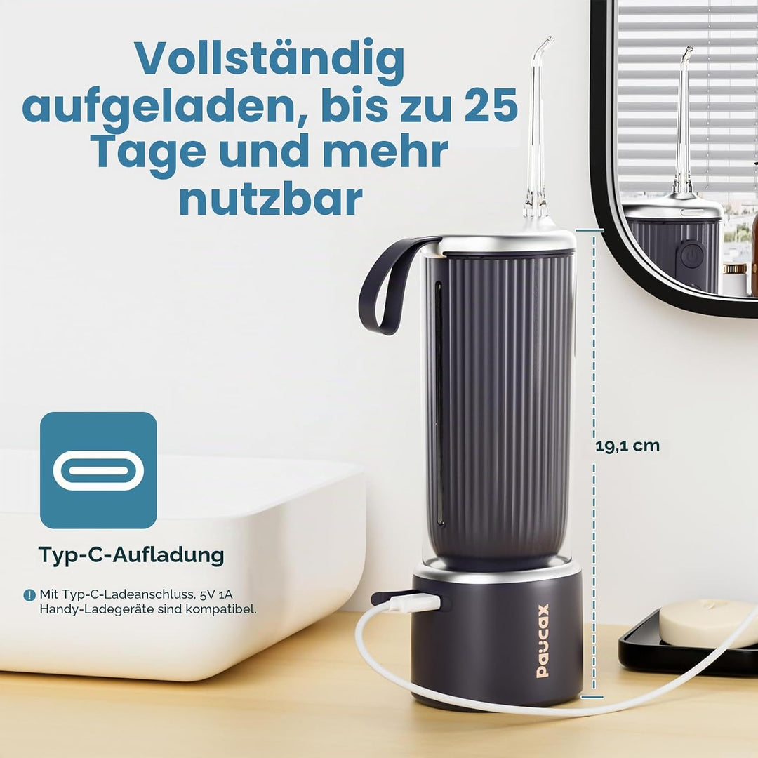 CARER BEAUTY Munddusche mit Selbstreinigungsmodus, Tragbare Munddusche mit 4 Modi und 5 Düsen IPX7 w