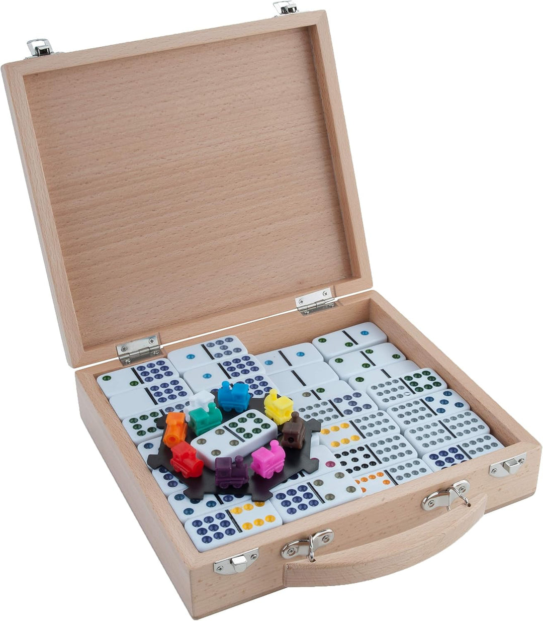 Engelhart - 250150 - Mexikanischer Dominozug D12 - Mexican Train Domino mit hochwertigem Holz Koffer