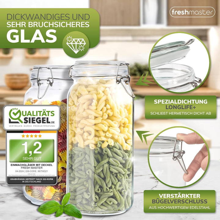 freshmaster Einmachgläser mit Deckel - Set aus bruchsicherem Glas mit Spezialdichtung und Edelstahl