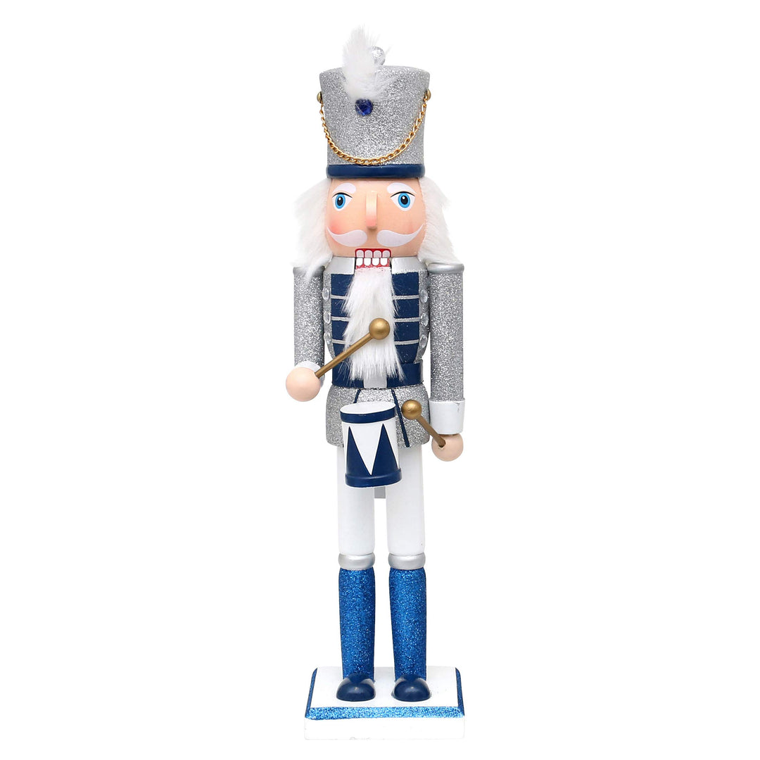 Dekohelden24 Holz Nussknacker Trommler in Silber/blau/weiss, mit Glitter, Masse L/B/H: 10 x 9 x 38 c