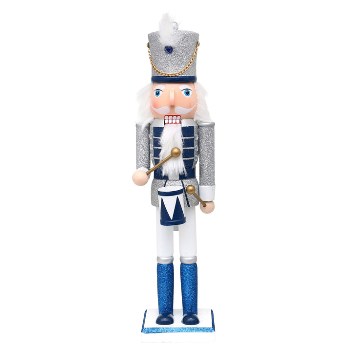 Dekohelden24 Holz Nussknacker Trommler in Silber/blau/weiss, mit Glitter, Masse L/B/H: 10 x 9 x 38 c