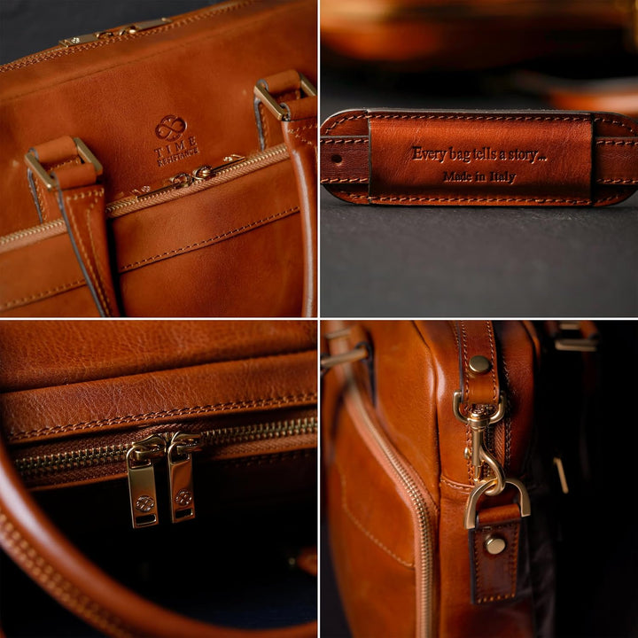 Time Resistance Aktentasche Leder Laptoptasche mit Schultergurt - Handgefertigt in Italien - Arbeits