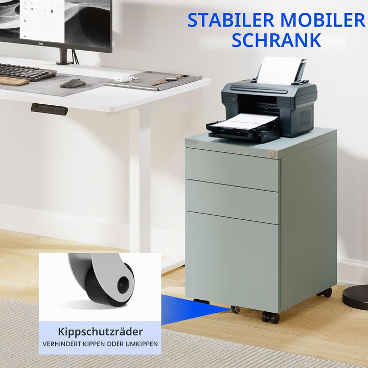 FLEXISPOT Rollcontainer Kleiner Schrank mit 3 Schubladen, mobiler Aktenschrank mit Rollen, abschlies