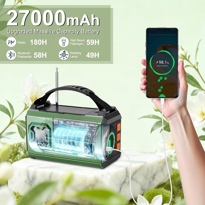 Kurbelradio - 27000mAh Notfallradio mit Kurbel und Solar, Tragbar Solar Notfall Radio mit AM/FM Empf