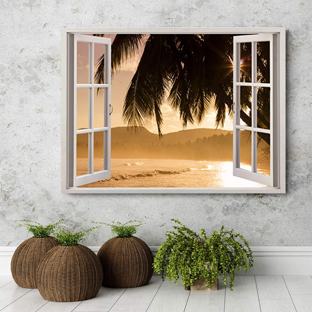 Leinwandbild XXL Palme Wandbild Kunst Fenster-Illusion Braun 120x80 cm Leinwandbild 120x80 cm Braun_