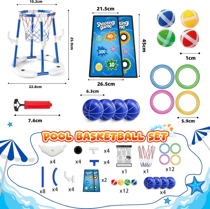 3-In-1 Pool Basketballkorb Outdoor, Schwimmender Basketballkorb, Pool Spielzeug Mit 4 Basketbälle,12