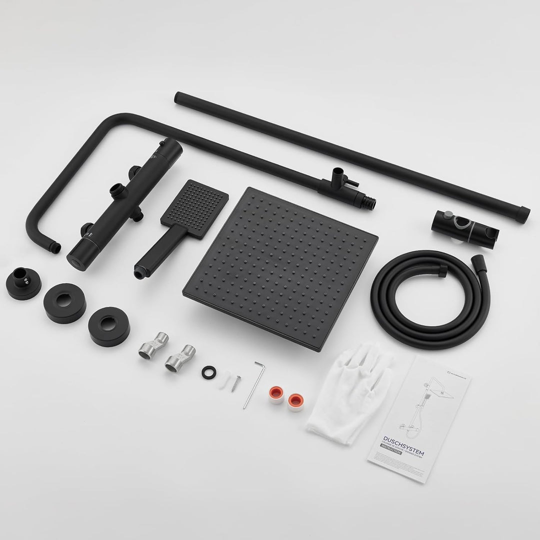 Auralum Duschsystem mit Verbrühschutz-Thermostat Armatur, Duscharmatur Komplettset Schwarz, 25x25cm