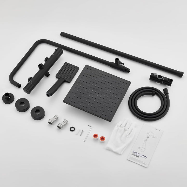 Auralum Duschsystem mit Verbrühschutz-Thermostat Armatur, Duscharmatur Komplettset Schwarz, 25x25cm