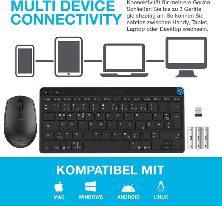 JLab Go Bundle Tastatur Maus Set Kabellos - Bluetooth Maus und Tastatur Klein mit 2,4 GHz Funk, Mult