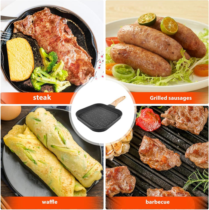 SPORWAY Grillpfanne 18×18 cm, Steakpfanne Induktion aus Aluminiumguss, Rectangle Bratpfanne mit Abne