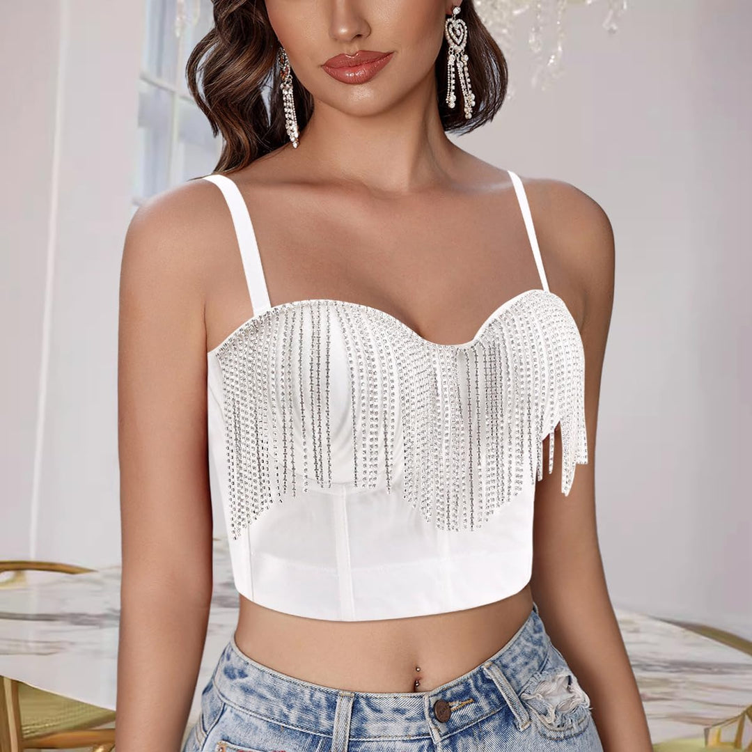Naimo Damen Sexy Strass Quaste Bustier Push Up Crop Top Korsett BH Glitzer Diamant Tank Top Weste Pa