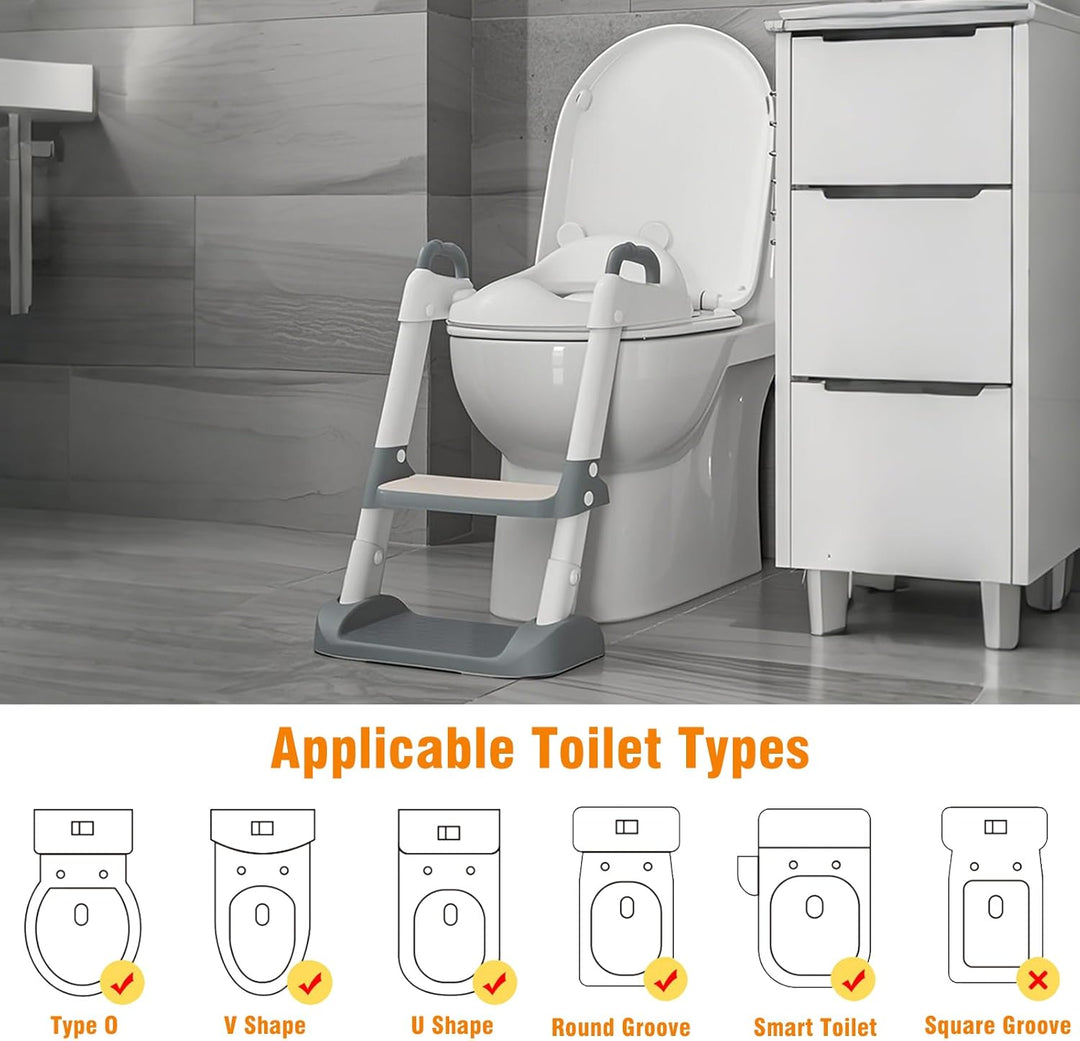 2 in 1 Kinder Toilettensitz mit Treppe & Sicherheitsgriff, Faltbarer Kleinkinder Toilettentrainer, H