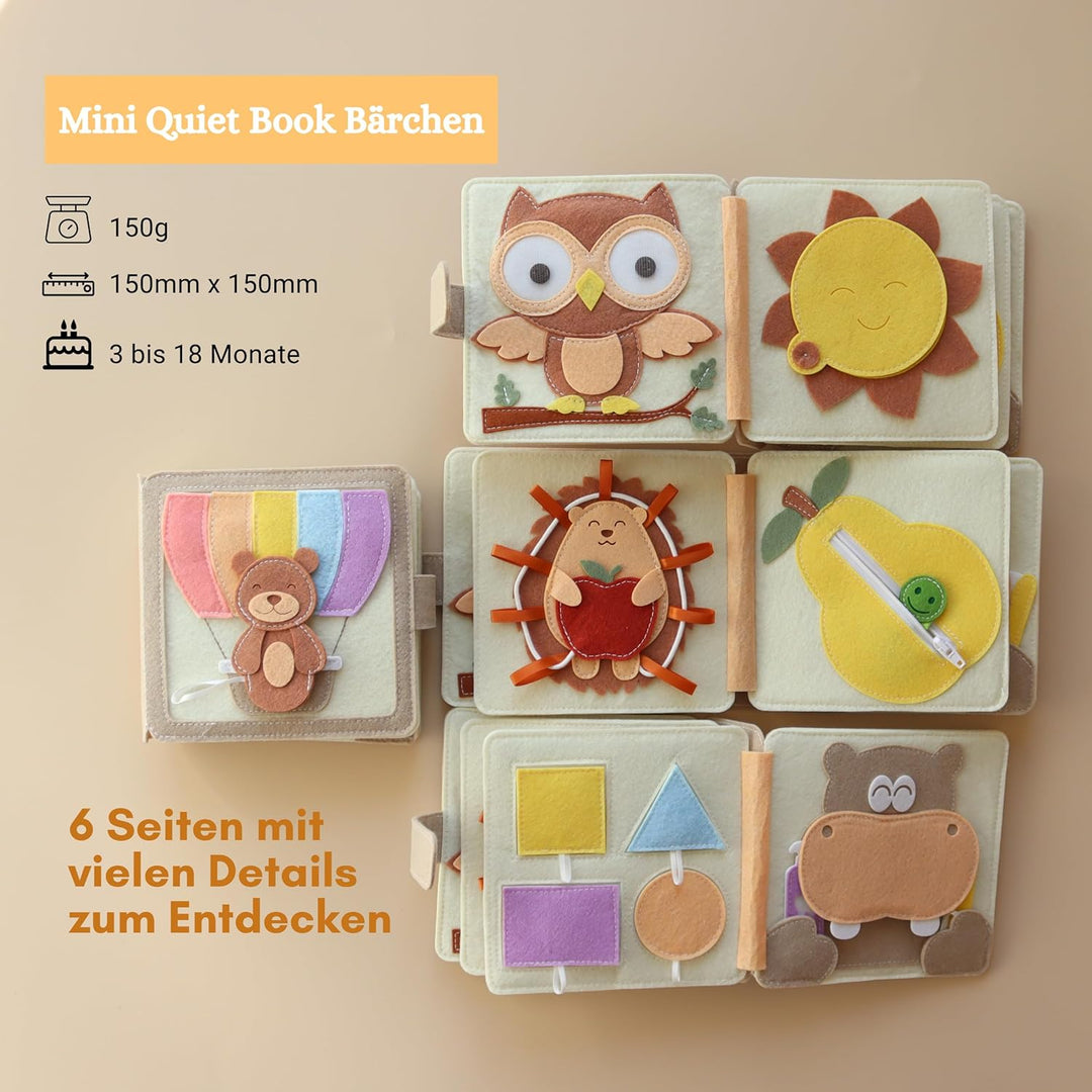 Mini Quiet Book Bärchen – Handgefertigtes Filz-Sensorikbuch mit Fingerpuppe – Bildschirmfreies Spiel