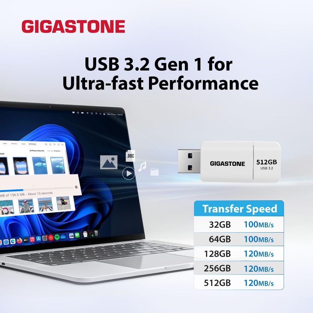 Gigastone Z60 128GB 5-Pack USB 3.2 Gen1 Flash Drive, R/W 120/60MB/s Ultra High Speed Pen Drive, Capl