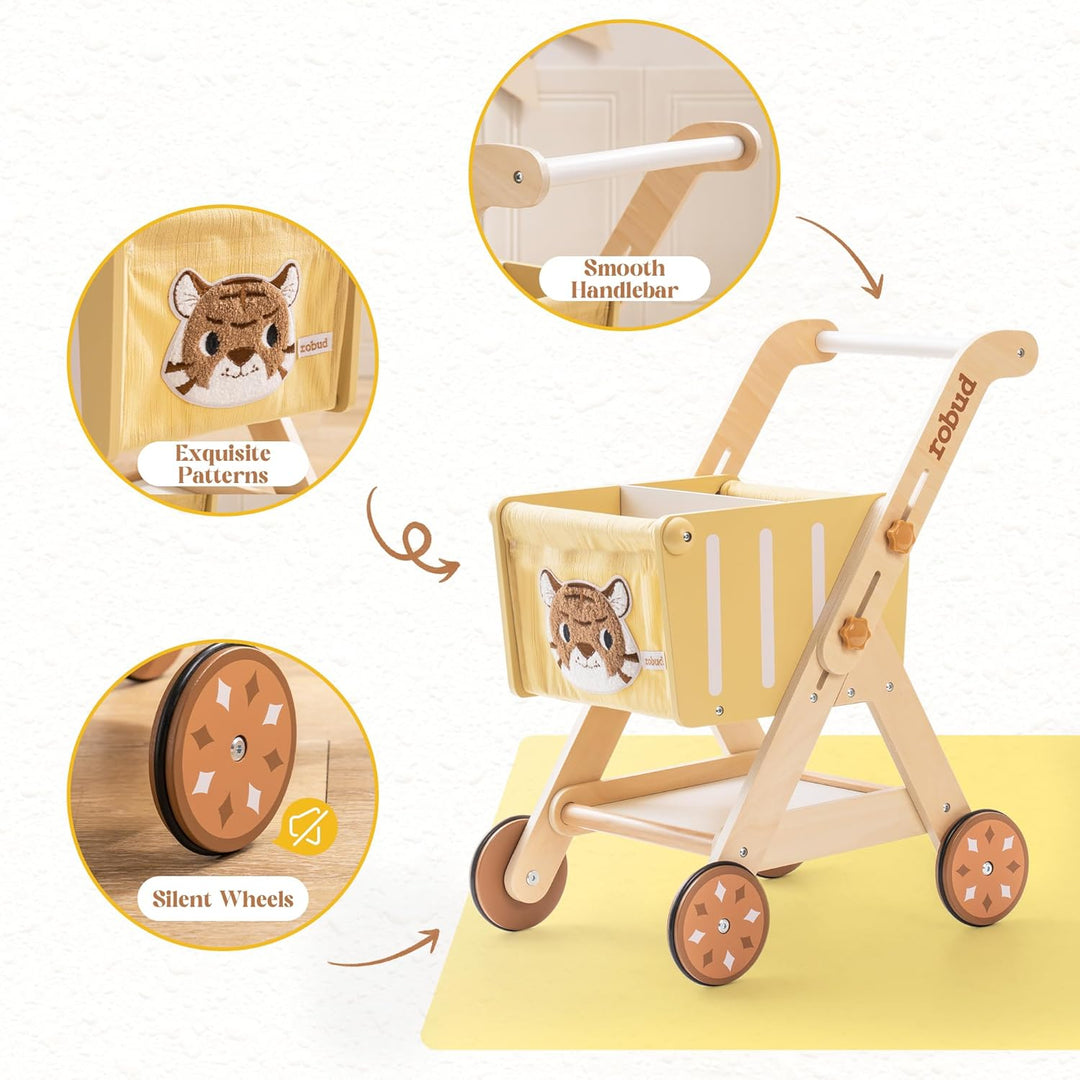 ROBUD Einkaufswagen aus Holz für Mädchen und Jungen, Baby Push Walker, höhenverstellbarer hölzerner
