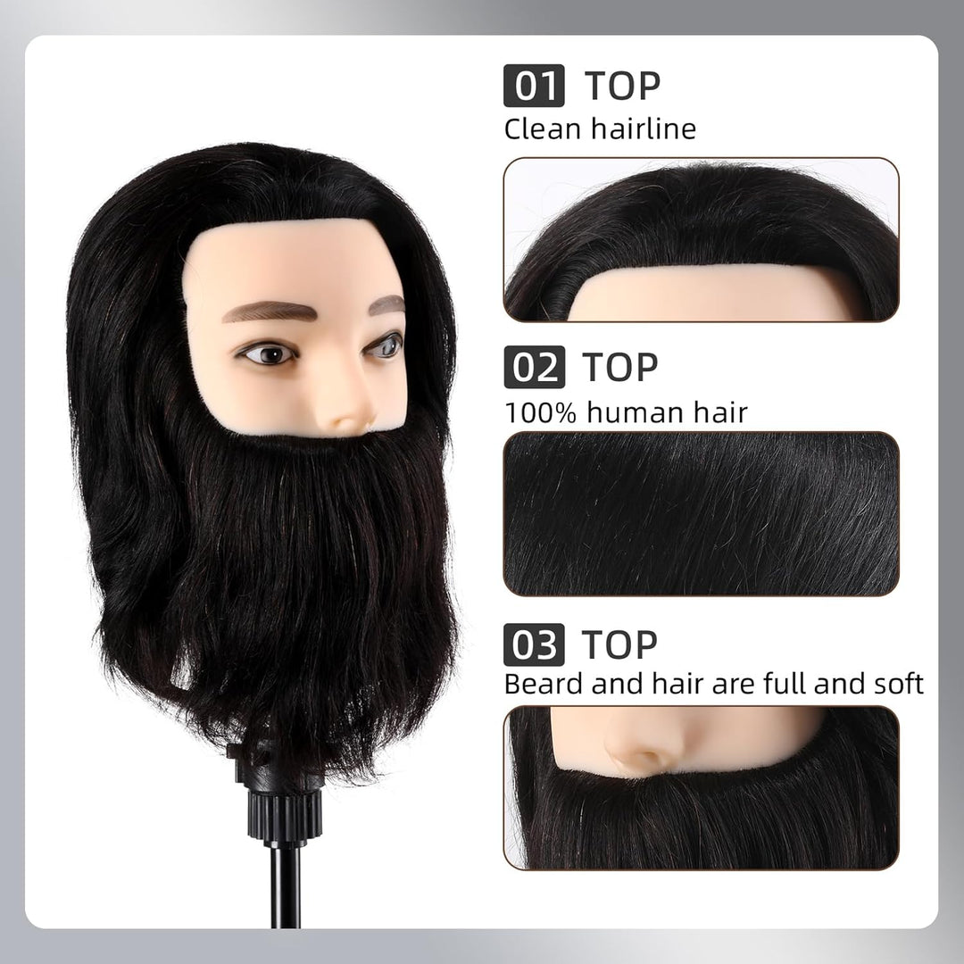 Mann Frisierkopf mit Ständer 100% Echthaar mit Bart Männlich Übungskopf Echthaar Friseur Kopf Puppen