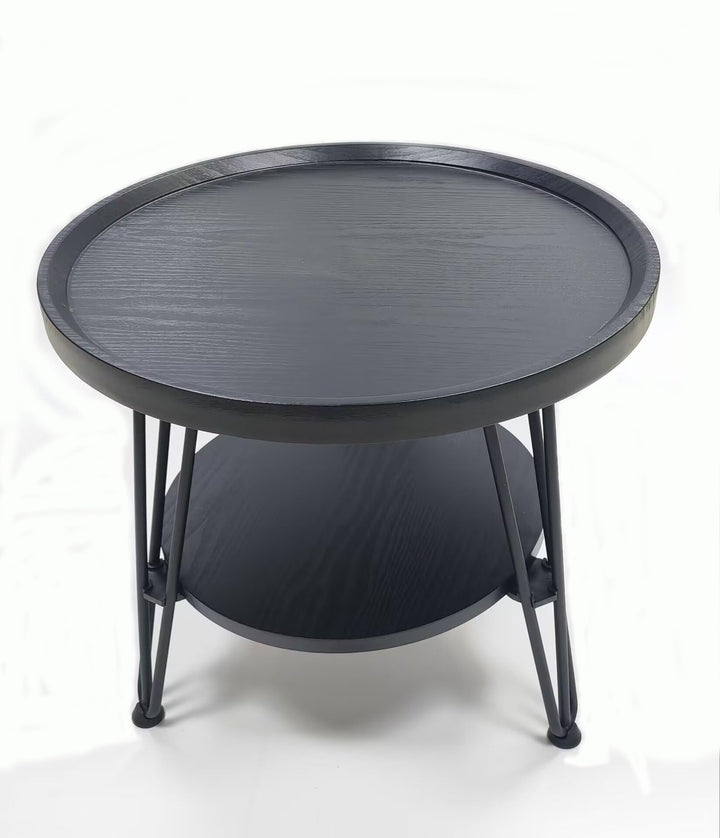 Couchtisch Rund mit 2 Etagen, Beistelltisch Holz, Wohnzimmertisch, Schwarzer, Grösse des grossen Bei