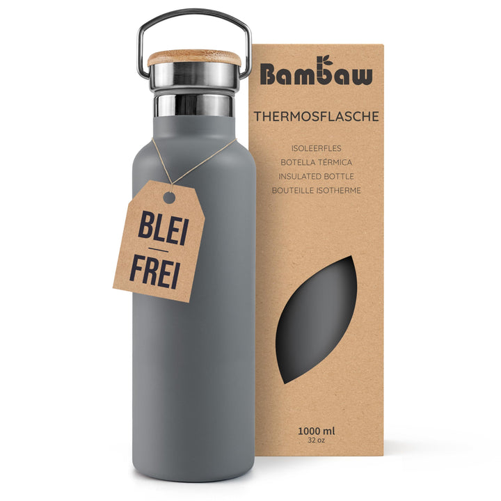 Bambaw Trinkflasche Thermo 1l, Thermosflasche Grau, Edelstahl Trinkflasche, Wasserflasche 1l, Metall