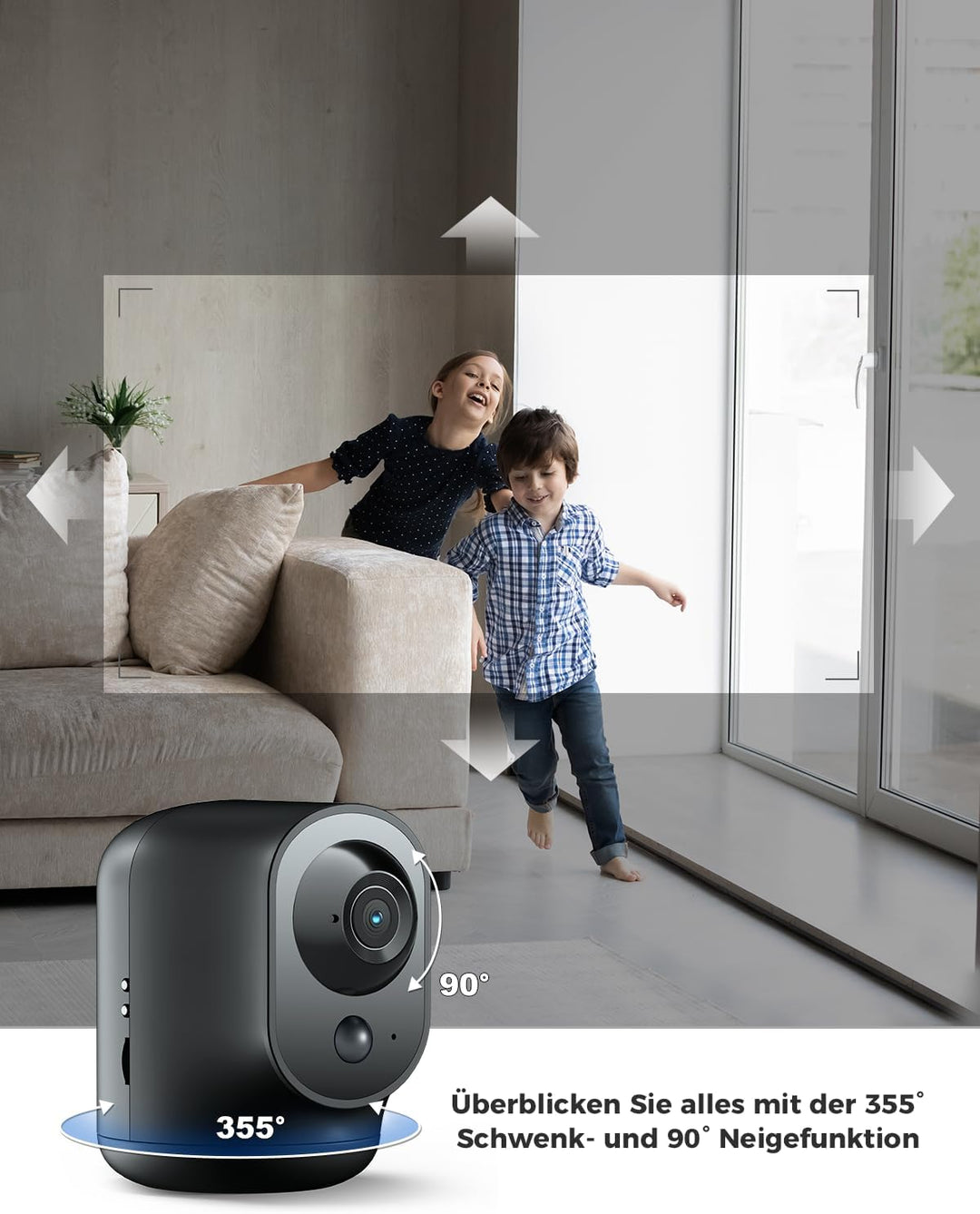 COCOCAM 2K Überwachungskamera Innen WLAN mit 5200mAh Akku, kabelloser 355°P 90°T, Baby Monitor Haust