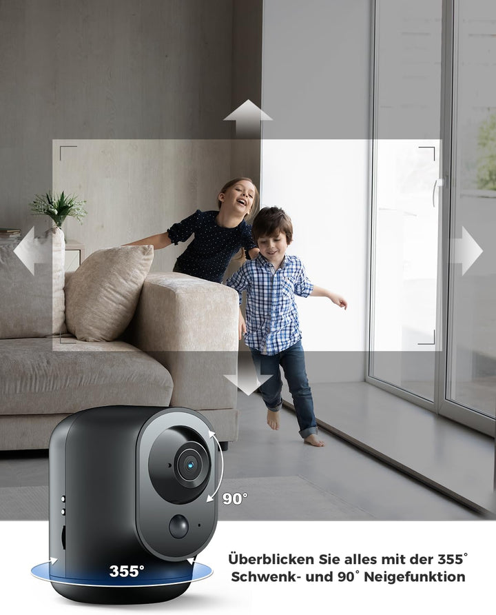 COCOCAM 2K Überwachungskamera Innen WLAN mit 5200mAh Akku, kabelloser 355°P 90°T, Baby Monitor Haust