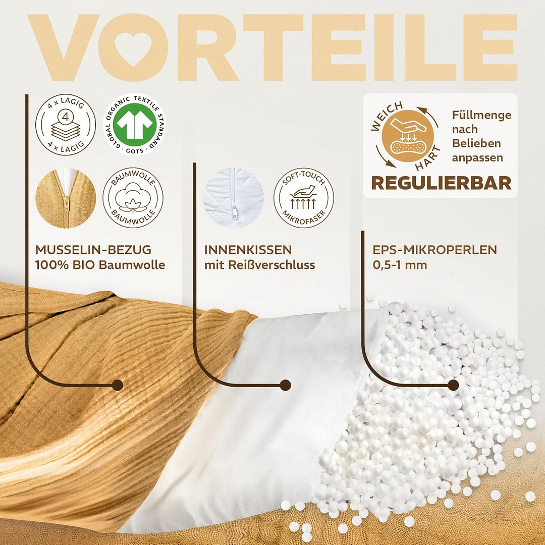 sei Design Stillkissen XXL Mikroperlen-Füllung mit Musselin-Bezug aus Baumwolle [100% Bio-Baumwolle