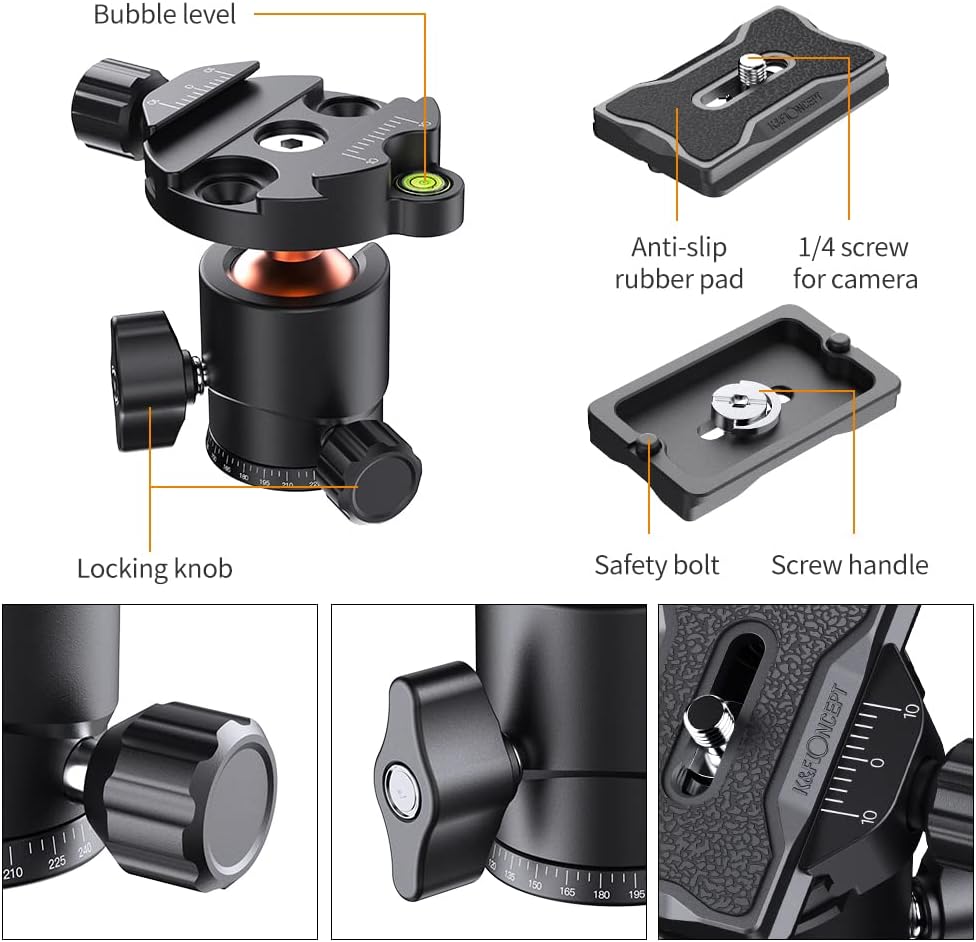 K&F Concept KF25 Kugelkopf Stativkopf, Kamera Kugelkopf mit 1/4 Zoll Schnellwechselplatte und Wasser