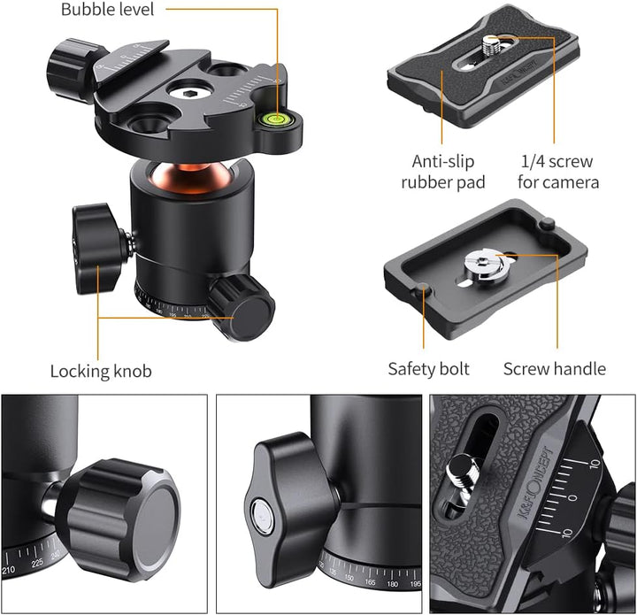 K&F Concept KF25 Kugelkopf Stativkopf, Kamera Kugelkopf mit 1/4 Zoll Schnellwechselplatte und Wasser